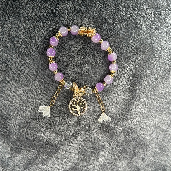 Butterfly 🦋 🌺 Flower & Tree of Life Gold & Purple Dangling 3d Charm Bracelet - Picture 5 of 10